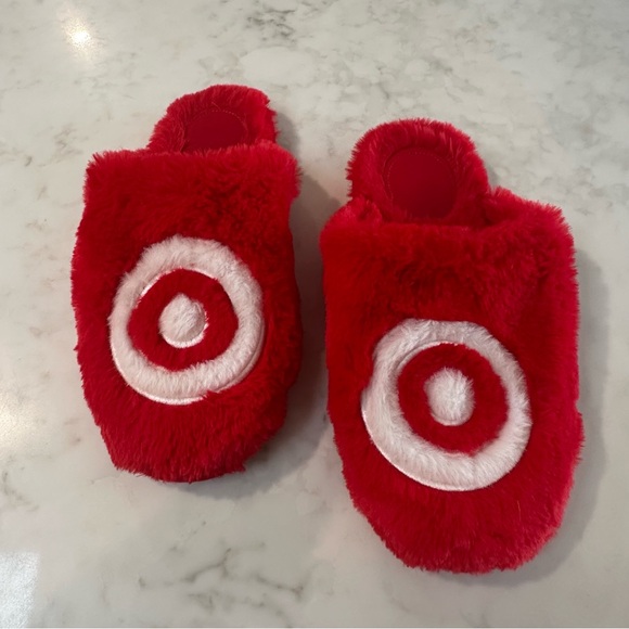 Target Red Plush Slippers with White Logo - Picture 3 of 8